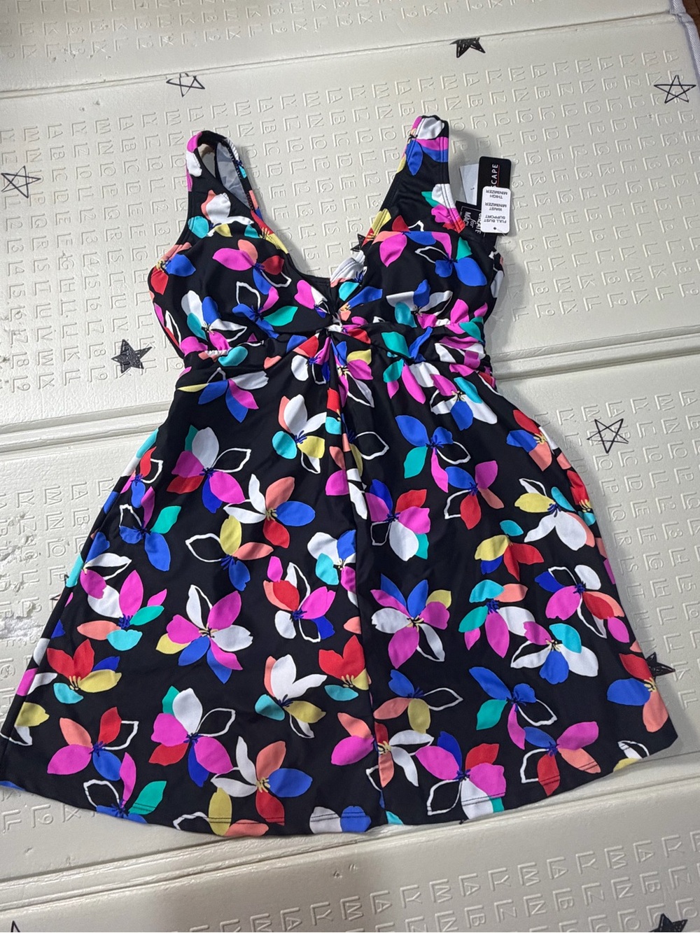 Maxine of Hollywood Black One-Piece Swimsuit with Multicolor Floral Print